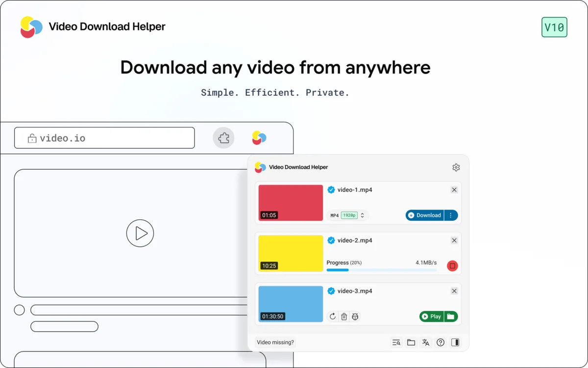 Illustration of the Video DownloadHelper popup listing detected videos with a download button and progress